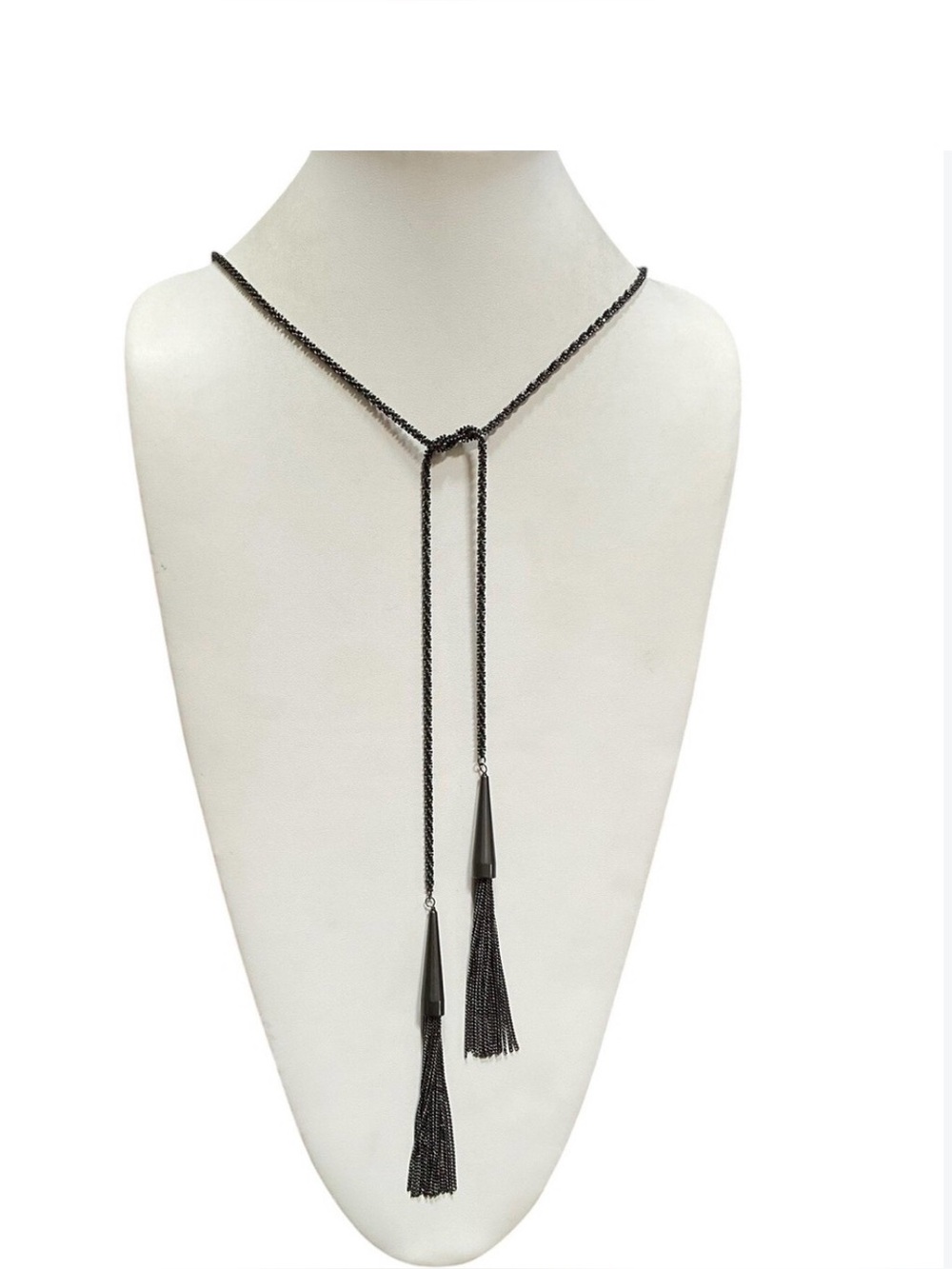 NEW KENDRA SCOTT SLEEK GUN METAL Black Tassel Lariat Necklace🖤Adjustable 48 1/2”